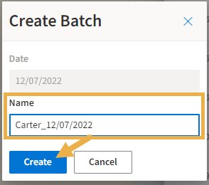 Create Batch details window with a yellow highlight box around the Name field and a yellow arrow pointing to the Create button.